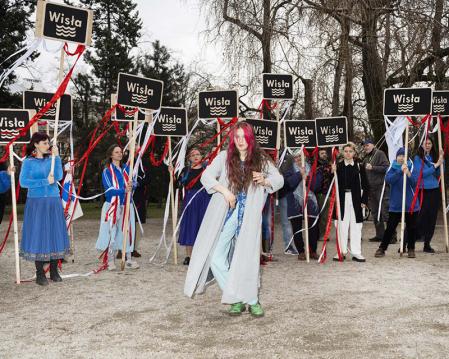 Rafał Milach, A-P-P, Poland, Warsaw. Performance by the "River Sisters" Collective Protesting in Front of the Ministry of the Environment Against the Construction of Sierzewo Dam on Vistula River. Activists Holding Banners with the Names of Polish Rivers, 14.03.2023