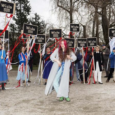 Rafał Milach, A-P-P, Poland, Warsaw. Performance by the "River Sisters" Collective Protesting in Front of the Ministry of the Environment Against the Construction of Sierzewo Dam on Vistula River. Activists Holding Banners with the Names of Polish Rivers, 14.03.2023